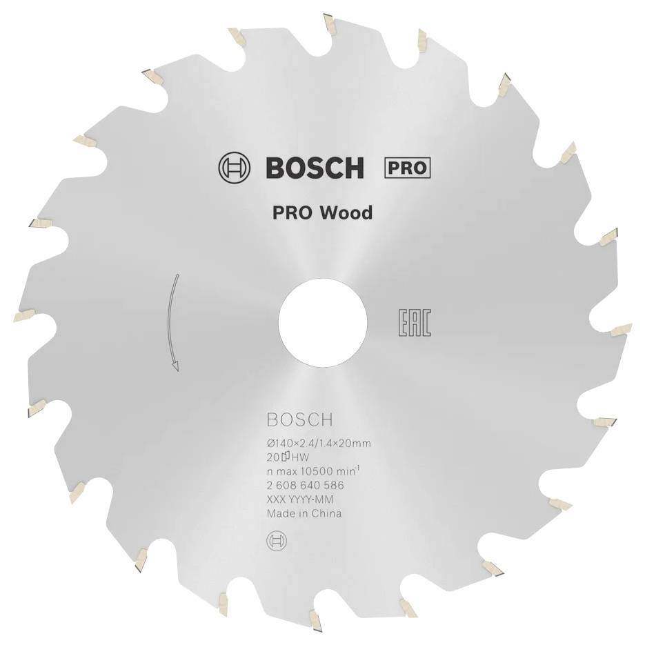 Egy körkéses fűrészlap, amelyen a 'BOSCH PRO Wood' felirat szerepel, faipari felhasználásra. A fűrészlapnak váltakozó irányú fogai vannak, és rajta áll a 'Made in China' felirat.
