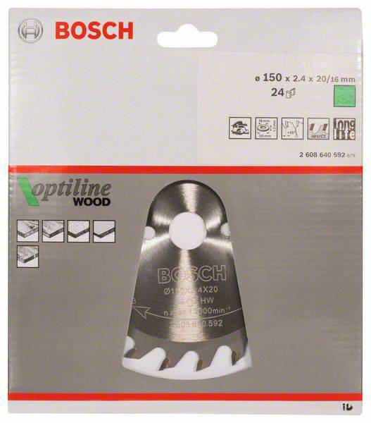 Bosch körfűrészlap csomag, amely tartalmazza a következő adatokat: Átmérő 150 mm, 24 fog, alkalmas fához. Szimbólumábrázolásokat is tartalmaz.