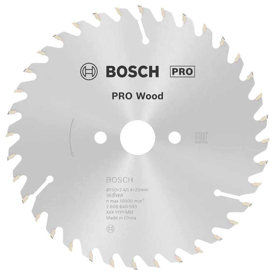 Egy ezüstszínű, fogazott élű körkés-pengét, amelyen a 'Bosch PRO Wood' felirat és a fafűrészelésre vonatkozó biztonsági előírások láthatók.