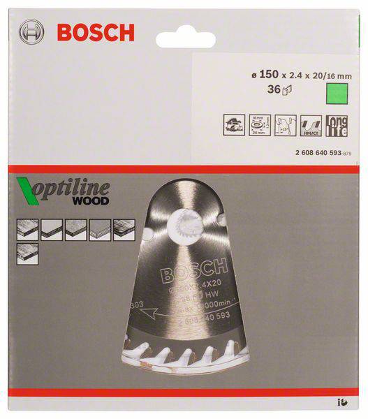 Bosch körfűrészlap, 'Optiline Wood' típus, 150 mm átmérő, 36 fog, fafeldolgozáshoz.