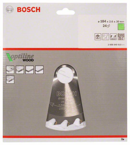 Egy Bosch Optiline Wood fűrészlap csomagolása. Méret: 184 x 2,6 x 30 mm, 24 fog. Alkalmas faipari munkákhoz.