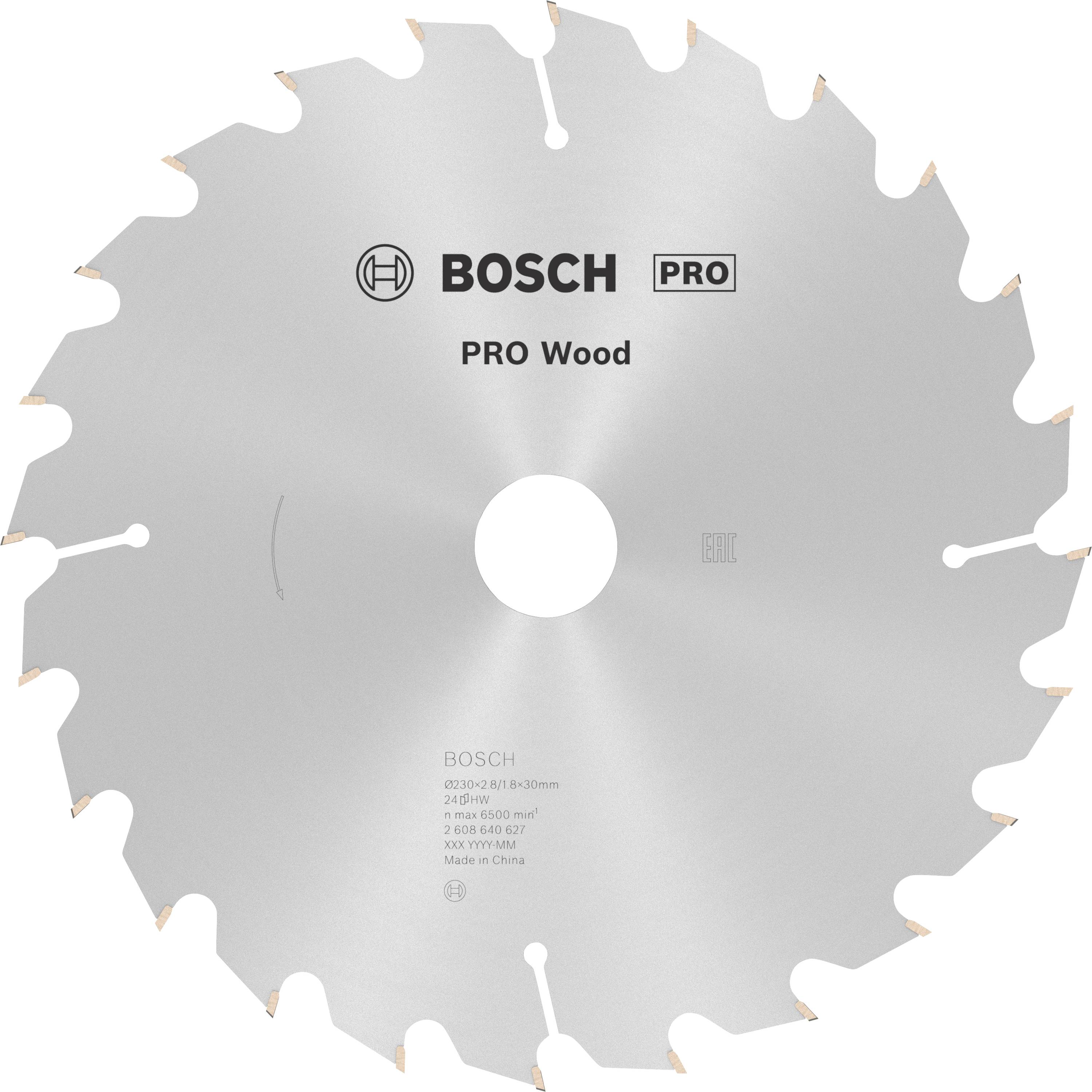 Bosch fűrészlap fához, a felületén a 'PRO Wood' felirattal és műszaki specifikációkkal jól láthatóan.