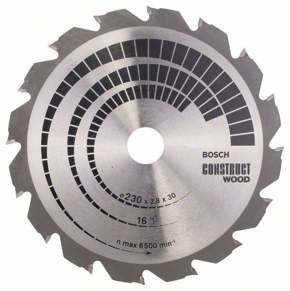 Bosch márkájú körfűrészlap fához. A felirat 230 mm átmérőt, 2,8 mm vastagságot és maximum 6500 fordulat/perc fordulatszámot jelez.