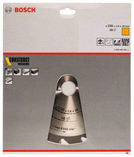 Bosch cserekés, 230 mm átmérő, alkalmas fafeldolgozáshoz, a csomagolás a kés dizájnját és műszaki adatait mutatja.