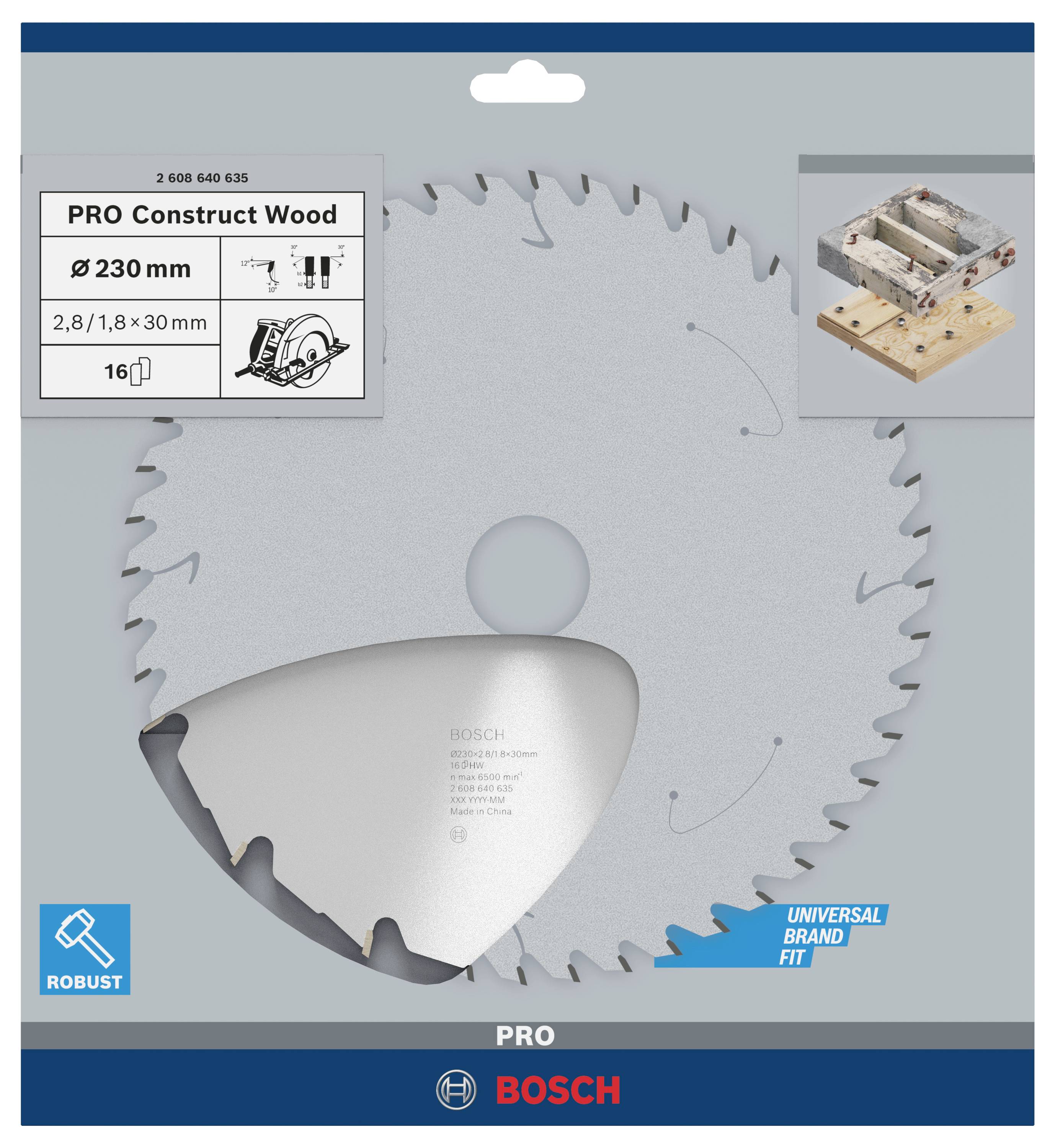 Körfűrészlap fa szerkezetekhez, 230 mm átmérő, 2,8/1,8 x 30 mm, 16Z. Univerzális alkalmazásokhoz alkalmas.