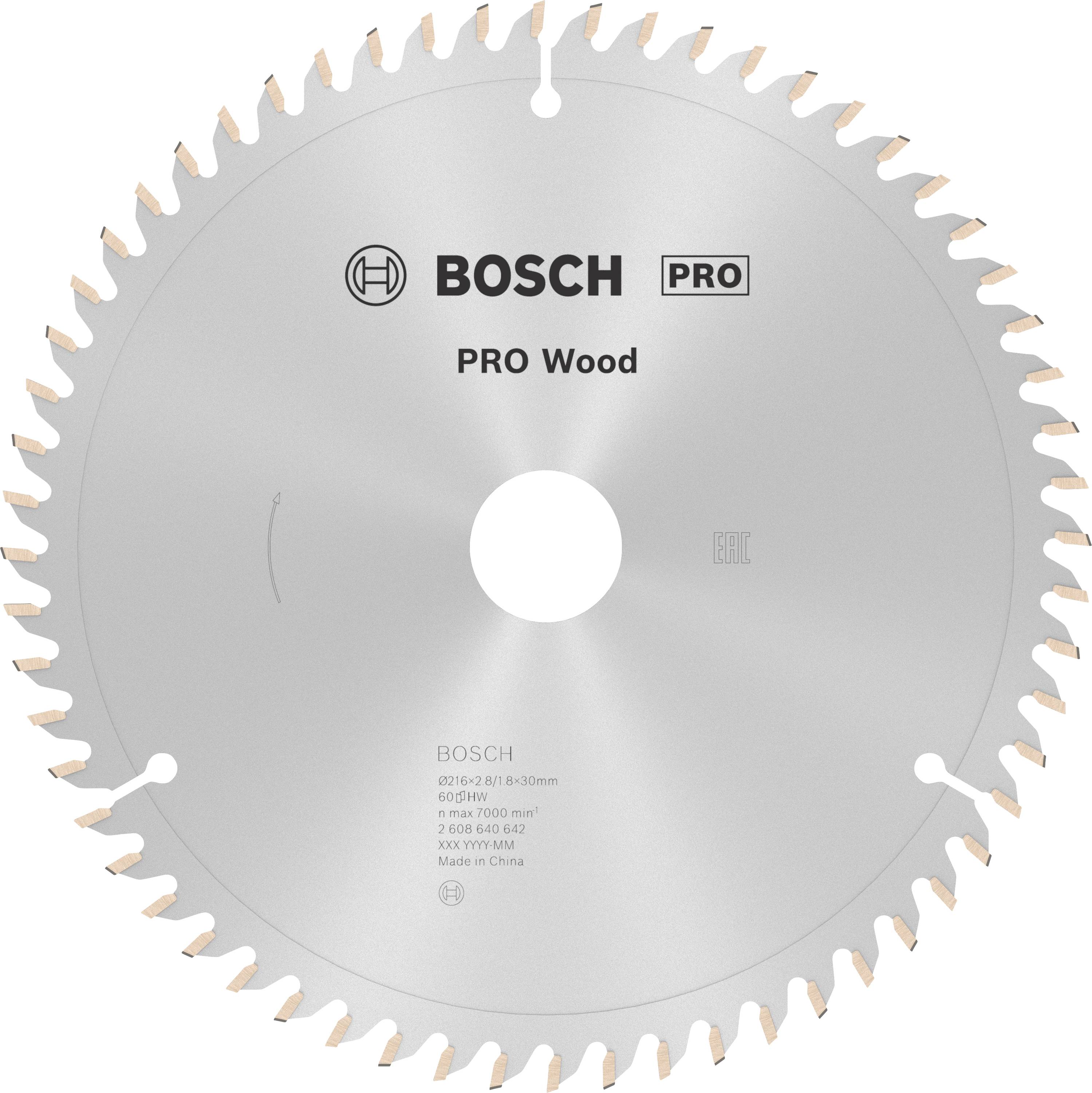Bosch körfűrészlap, 'PRO Wood' típus, 216 mm átmérő, fa megmunkálásához alkalmas.
