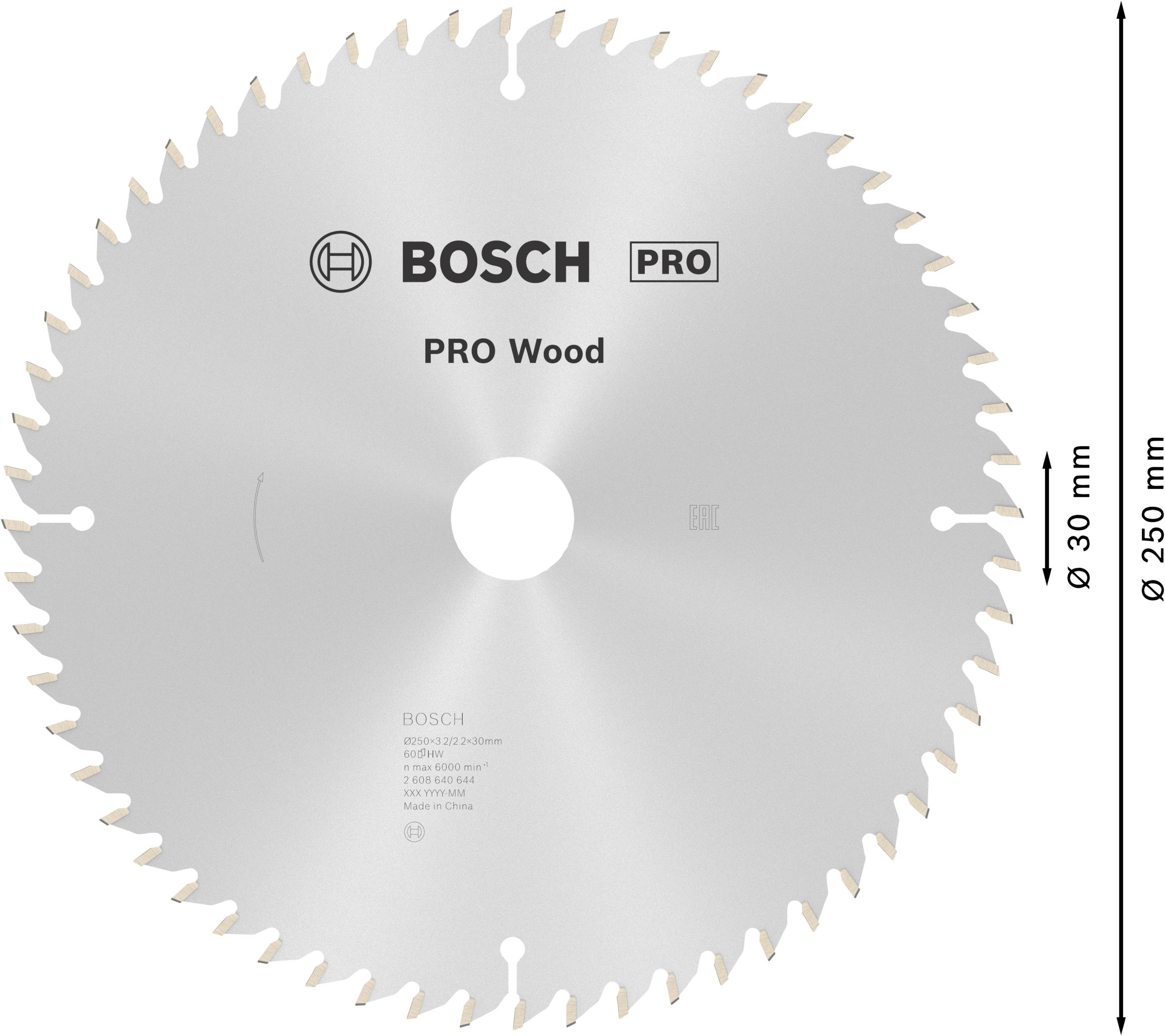 Körfűrészlap 48 foggal fához. Felirat: 'BOSCH PRO Wood'. Átmérő: 250 mm, furat: 30 mm.
