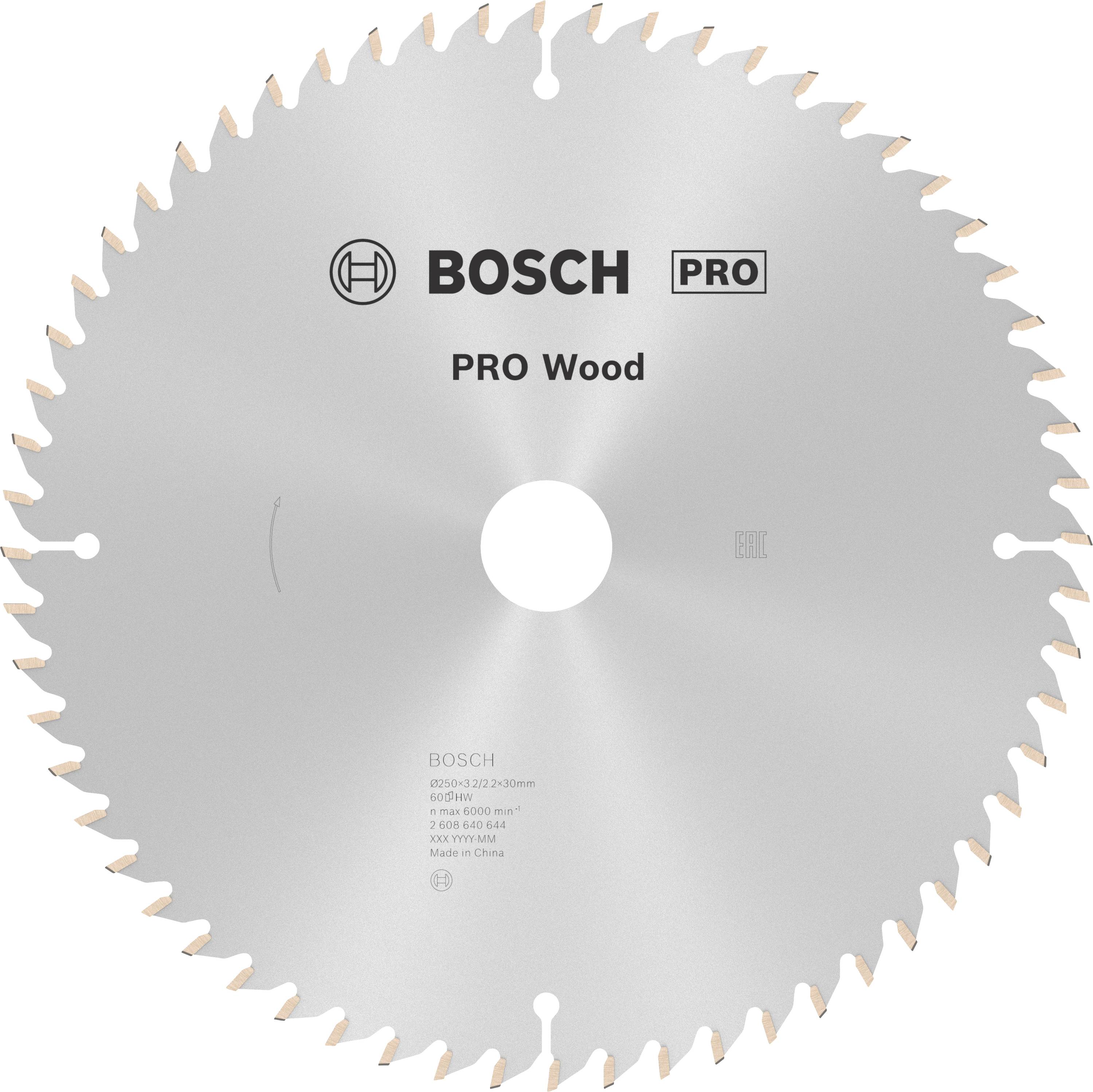 Egy BOSCH PRO Wood feliratú körfűrészlap, amely fa megmunkálásához alkalmas. A gyártói információk és specifikációk jól láthatóak.