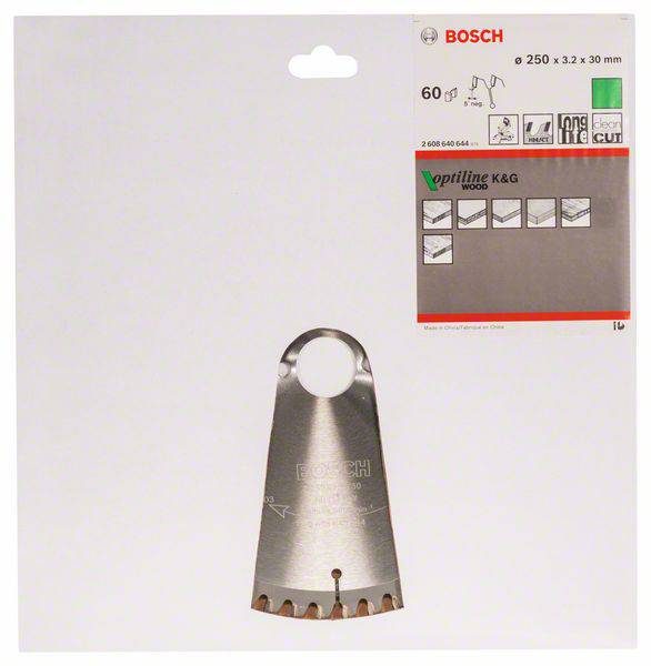 Fűrészlap fafeldolgozáshoz, Bosch Optiline, 250 x 3,2 x 30 mm, fűrészelési alkalmazás képe, szürke csomegolás piros részletekkel.