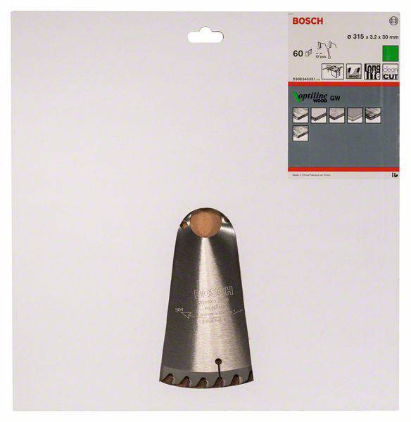 Egy Bosch körfűrészlap csomagolása speciális részletekkel: méret 315 x 3,2 x 30 mm, 60 fog, fa vágásához alkalmas.