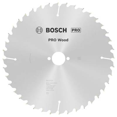 Fűrészlap körkéses fűrészgéphez 'Bosch PRO Wood' márkajelzéssel és specifikációkkal gravírozva a felületén, fa vágására tervezve.