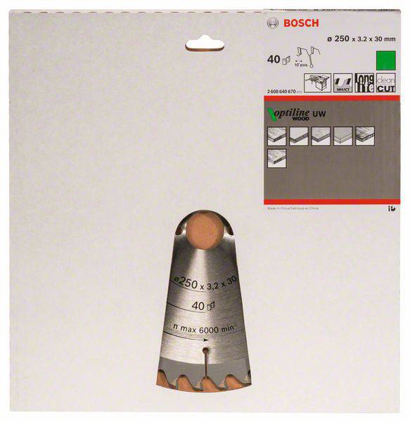 A Bosch körfűrészlap speciálisan fához. Tartalmazza a műszaki részleteket, mint méret (250 x 3,2 x 30 mm) és specifikus felhasználási területek.