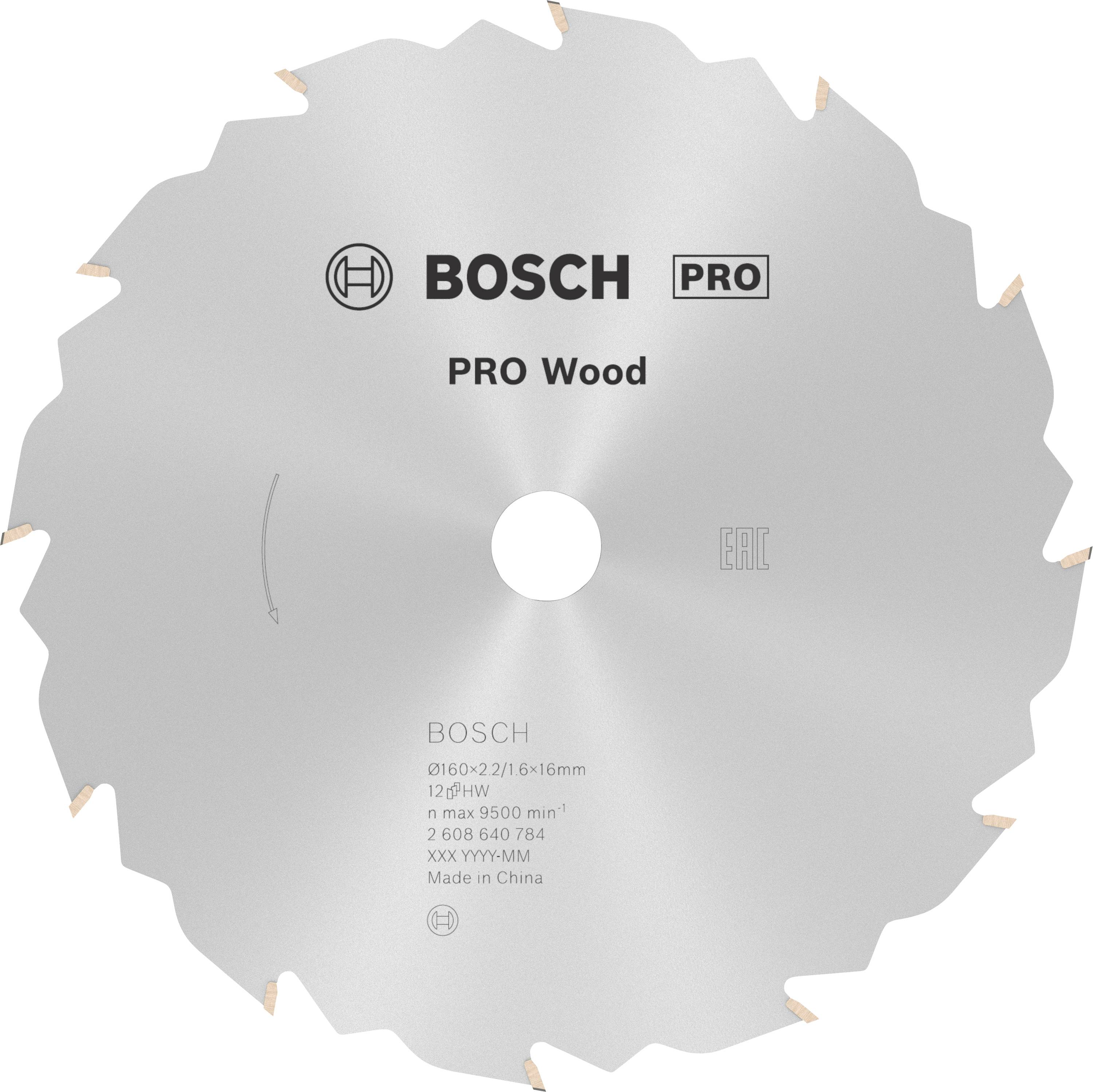 Bosch körfűrészlap, 'PRO Wood' jelöléssel, faipari vágásokhoz alkalmas, 216 mm átmérőjű, 16 mm furatmérettel.