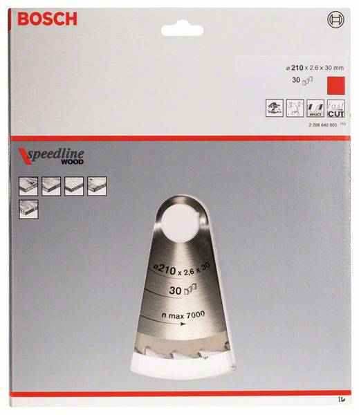 Bosch fűrészlap fatömeghez, 'Speedline', 210 mm átmérő, maximális fordulatszám 7000, gyors faipari megmunkáláshoz.