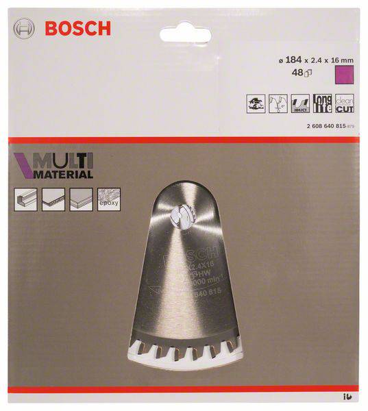 'Bosch fűrészlap multianyagú felhasználásra, a csomag 184 mm átmérőt és 48 fogat mutat. Alkalmas fa, műanyag és fémek vágására.'