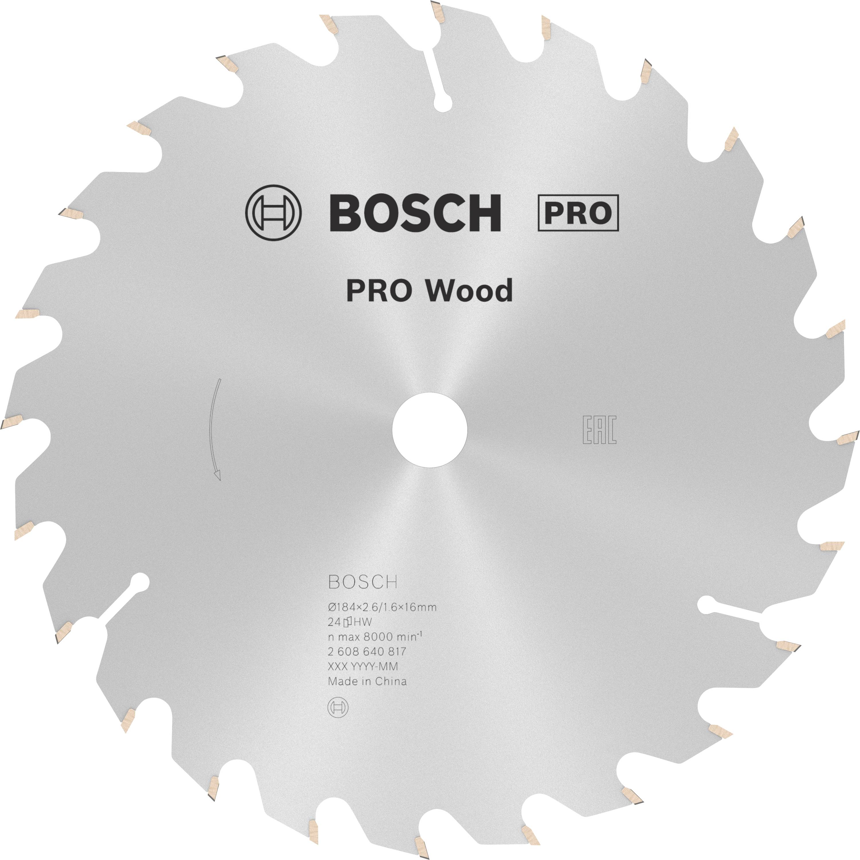 Bosch PRO Wood fűrészlap, nyomattal és logókkal ellátva, alkalmas faipari munkákhoz.