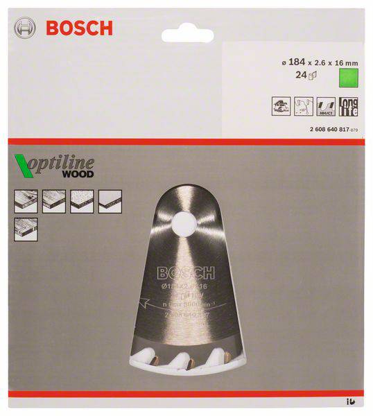 Bosch fűrészlap, 184 mm átmérő, fa megmunkálásához alkalmas, hosszú élettartamú. Használati és biztonsági útmutatóval ellátva.