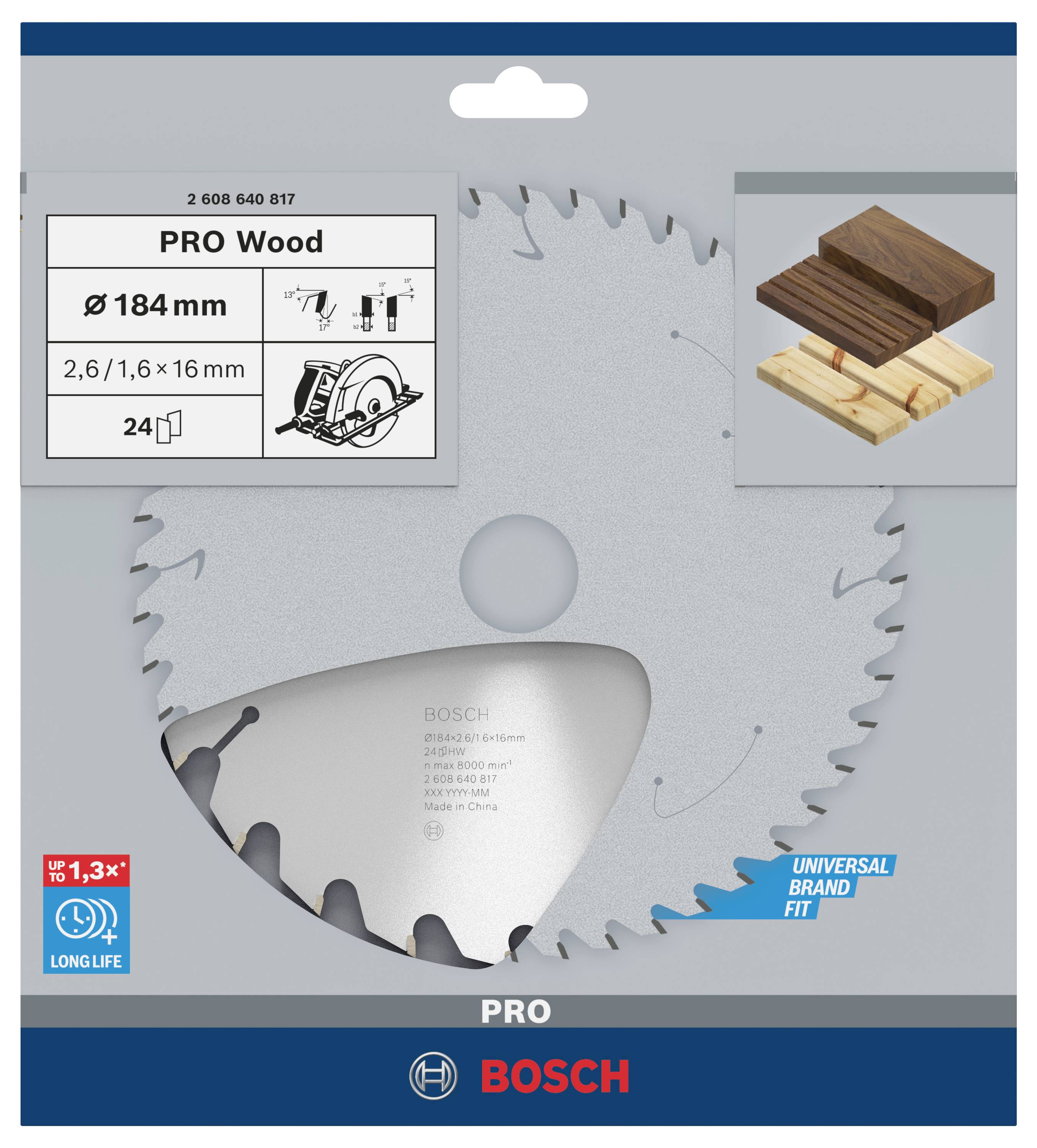 Körfűrészlap fához 184 mm átmérővel, 24 foggal. Különböző fafajtákhoz alkalmas. Márka: Bosch.