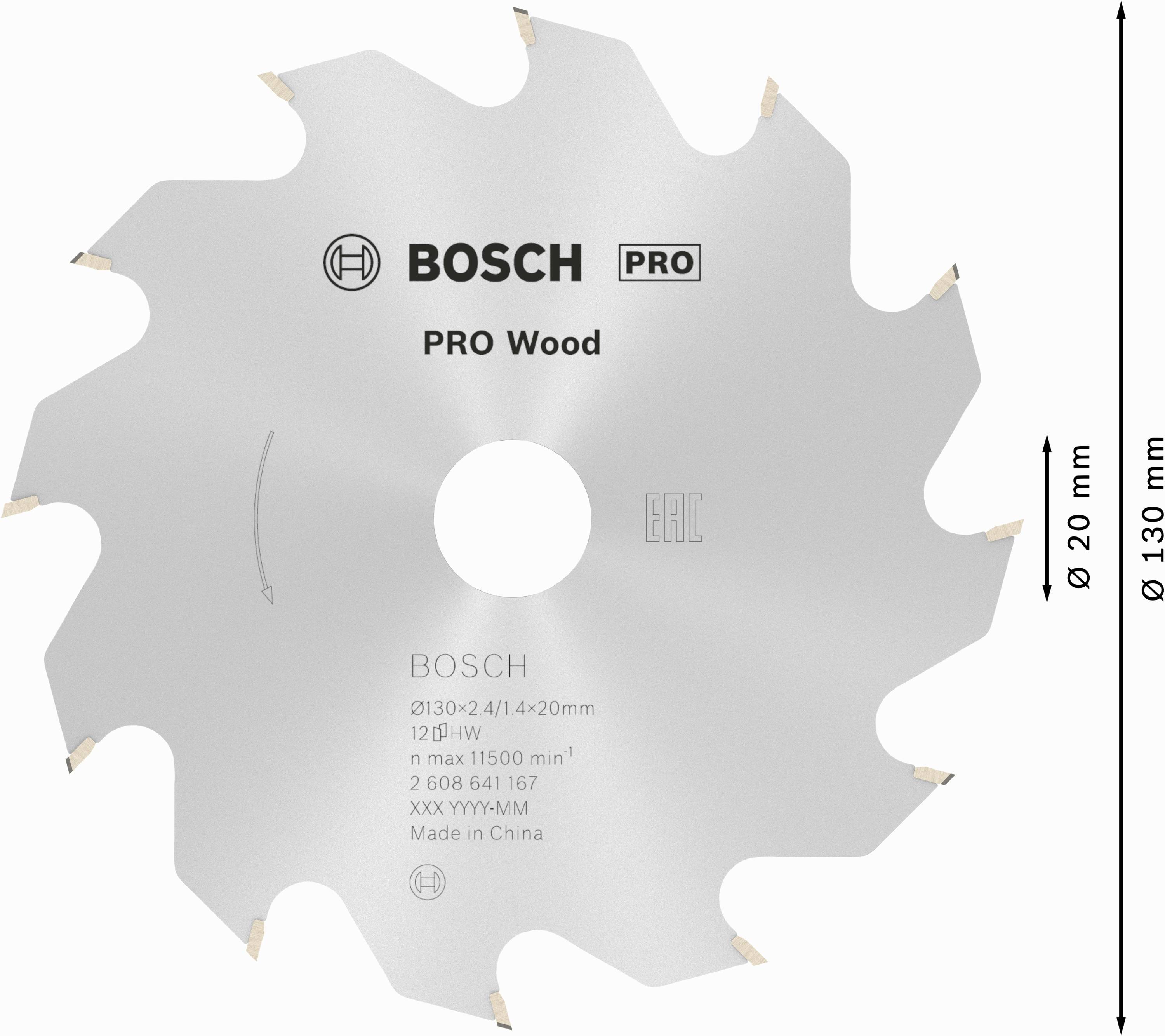 Körfűrészlap 'BOSCH PRO Wood' fafeldolgozáshoz, átmérő 130 mm, furat átmérője 20 mm, termékrészletek és specifikációk megjelenítése.