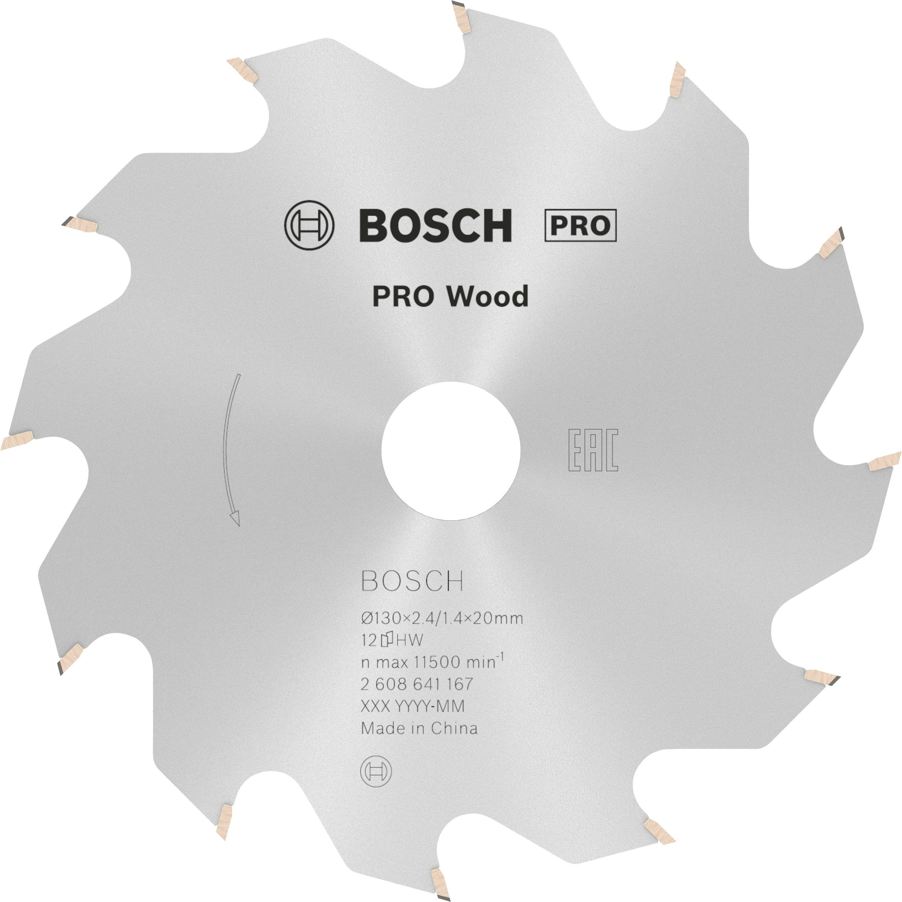 Ezüstszínű körfűrészlap Bosch logóval és 'PRO Wood' felirattal. Mutatja a lap méretét és műszaki részleteit.