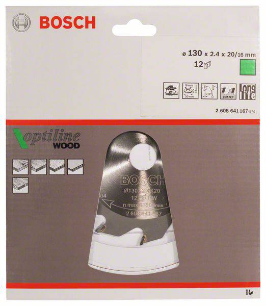 Egy Bosch fűrészlaptartó csomag fa megmunkálásához, 130 mm átmérőjű, 12 darabos. A csomag tartalmaz egy termékképet és műszaki specifikációkat.