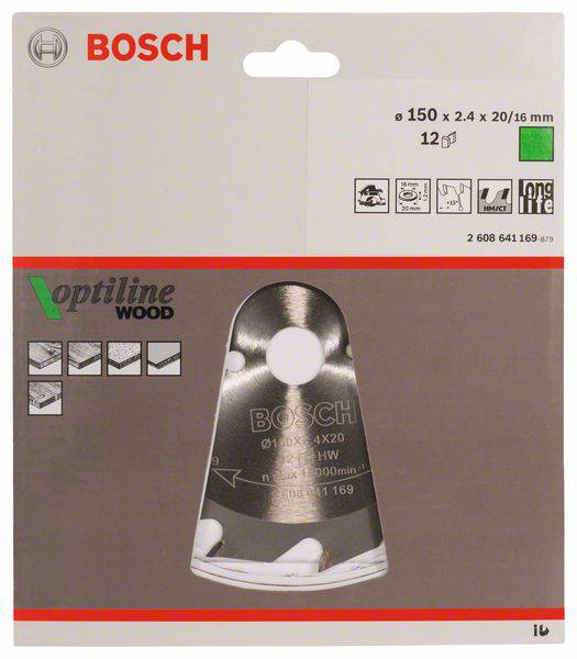 Bosch fűrészlap - Fa megmunkálásához<br>Átmérő: 150 mm<br>Vastagság: 2,4 mm<br>Kiszerelés: 12 db