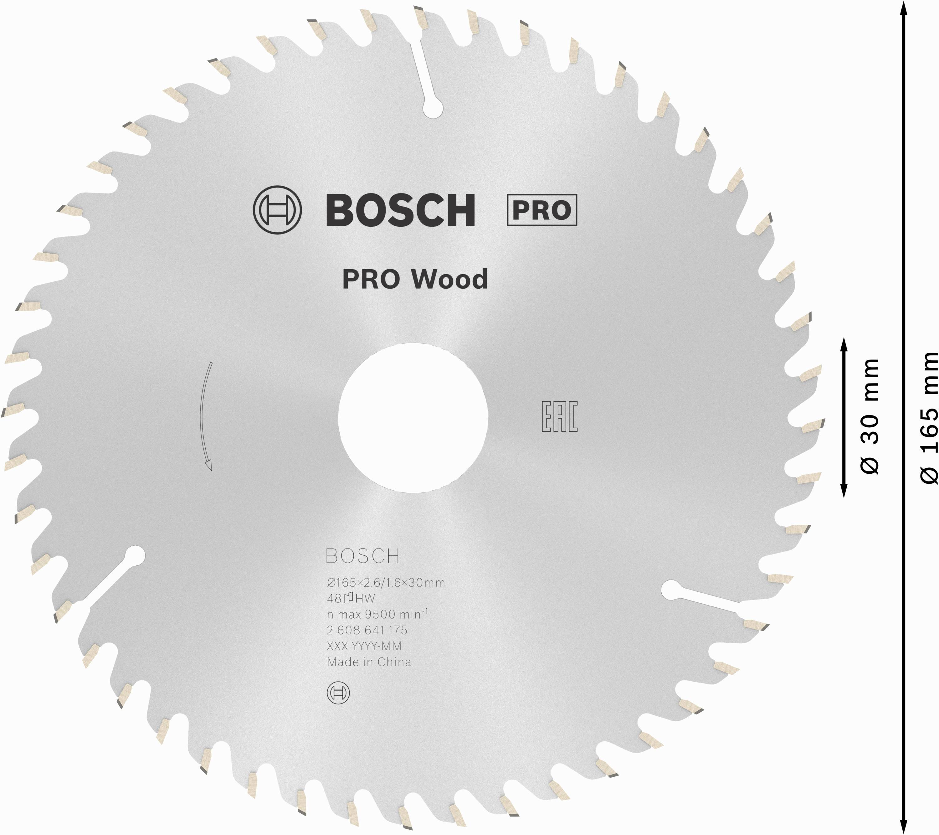 Fűrészlap 30 foggal, fához alkalmas. Felirat: 'BOSCH PRO Wood', átmérő 165 mm, furat átmérője 30 mm.