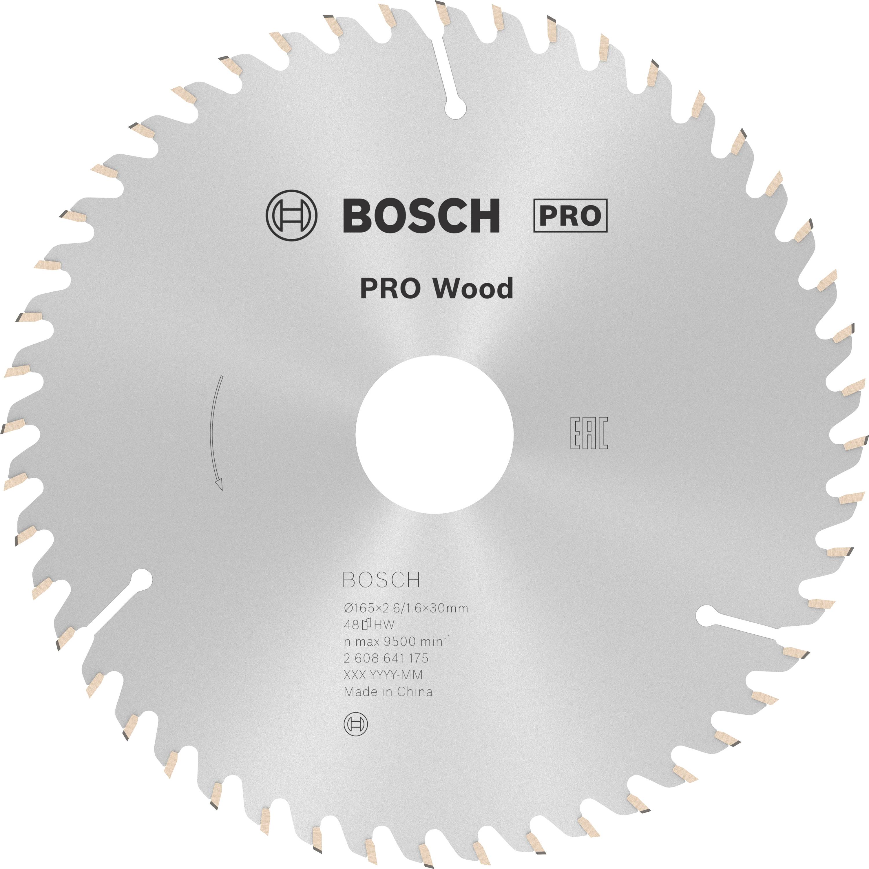 Bosch fűrészlap 'PRO Wood' felirattal. Kerek és ezüstszínű, fához alkalmas, átmérő és egyéb specifikációk feltüntetve.