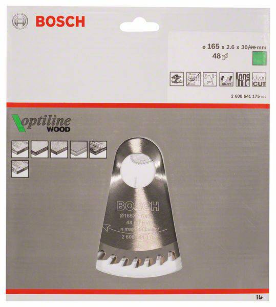 'Bosch optiline WOOD körfűrészlap,' mutatja a csomag és a termék. A felső rész tartalmazza a védjegyet és a műszaki specifikációkat.