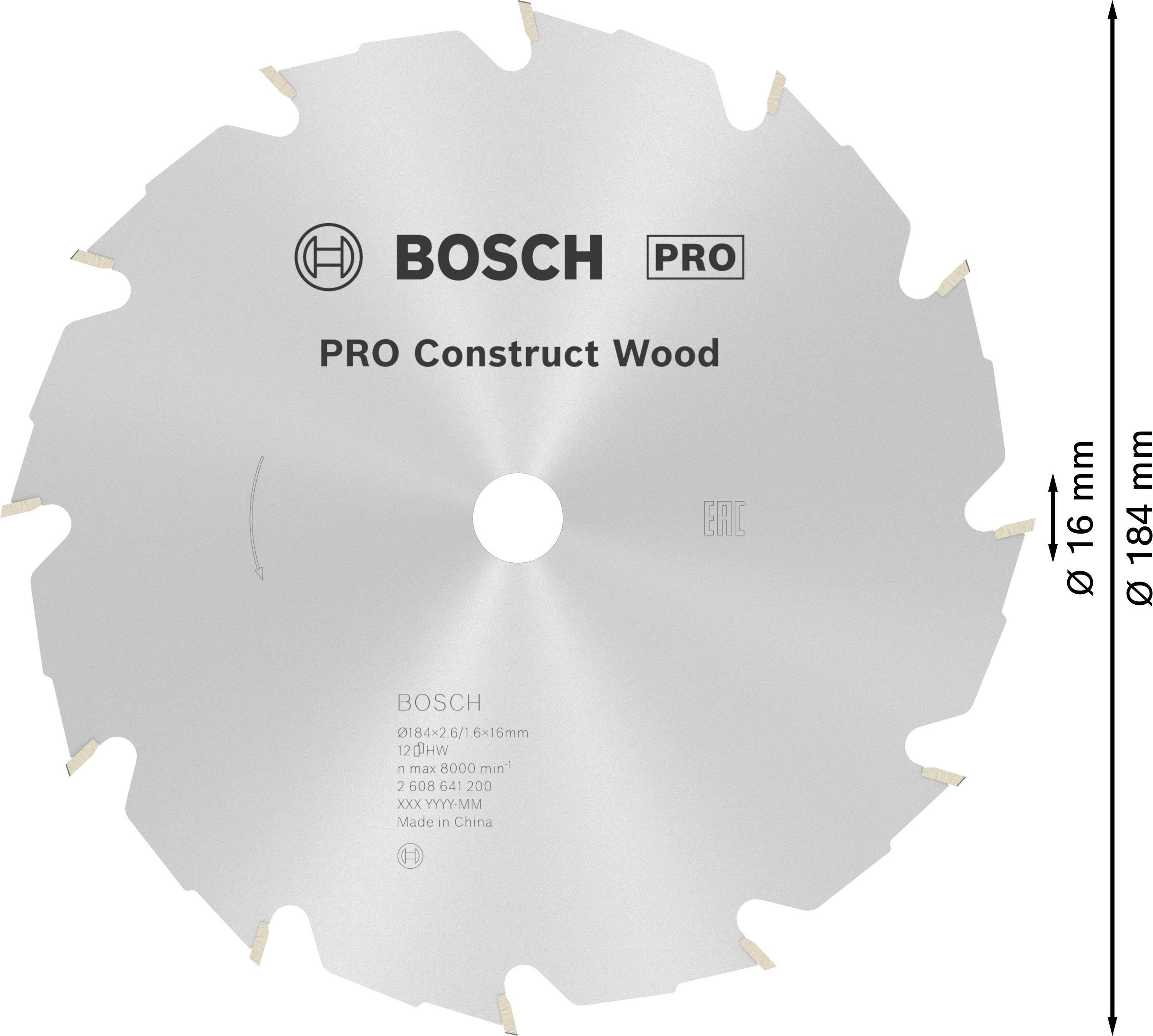Bosch körfűrészlap, PRO Construct Wood modell, átmérő 184 mm, furat 16 mm, fa vágásához alkalmas.