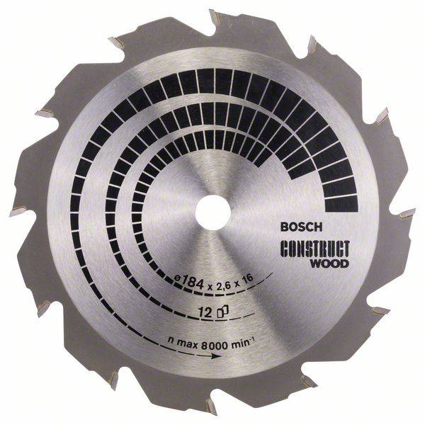 'Bosch márkájú körfűrészlap fából, feliratokkal: 184 mm átmérő, 16 fog, maximális fordulatszám 8000 ford/perc.'