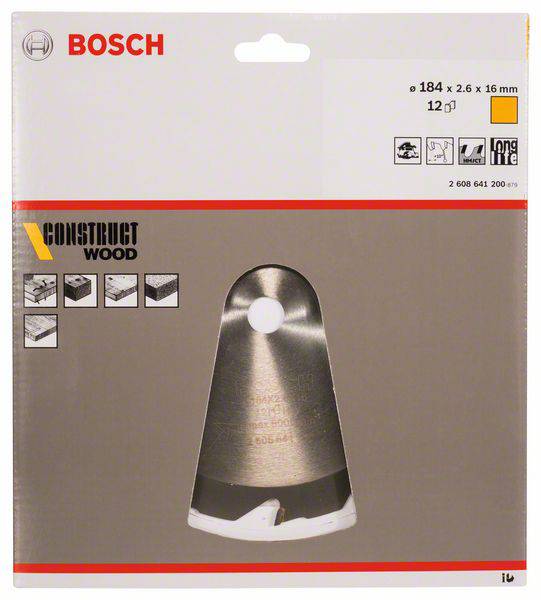 Bosch körfűrész lap fához, 184 x 2,6 x 16 mm, 12 fog, tartós kivitel. Csomagolás a lap képével és piktogramokkal.