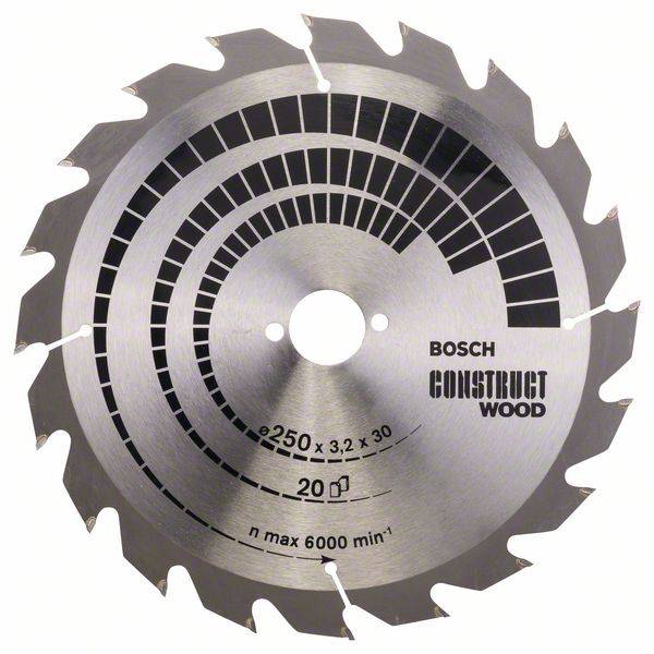 Körfűrészlap 'Bosch Construct Wood' felirattal, 250 mm átmérő, 6000 1/perc fordulatszám, 20 fog, alkalmas fához.