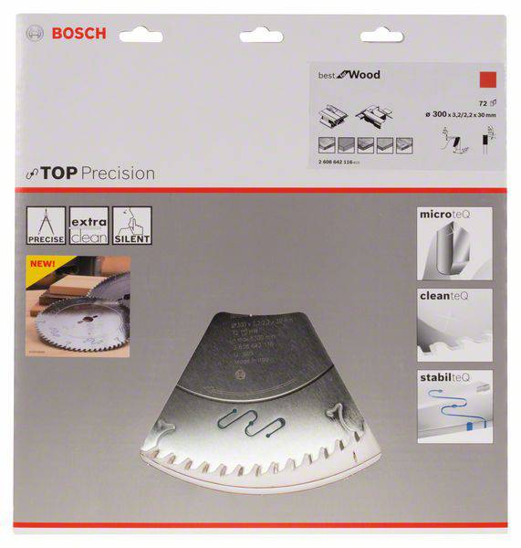 A Bosch 'Top Precision' fűrészlap faanyagokhoz csomagolása, 72 foggal, ábrákkal a precizitásról, tisztaságról és stabilitásról.