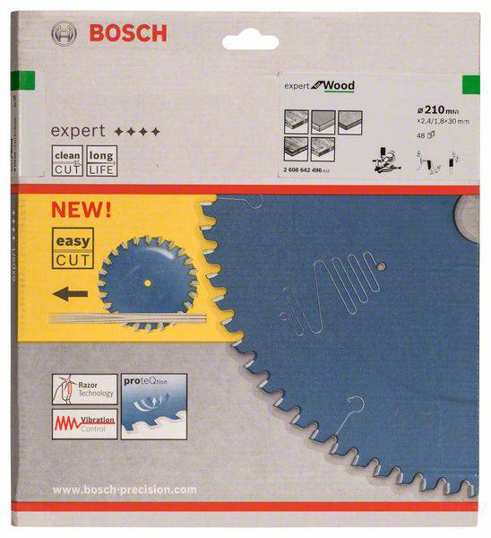 Bosch fűrészlap fára 'könnyű vágás' funkcióval. Méret részletek: 210 mm átmérő, 48 fog, tartós.