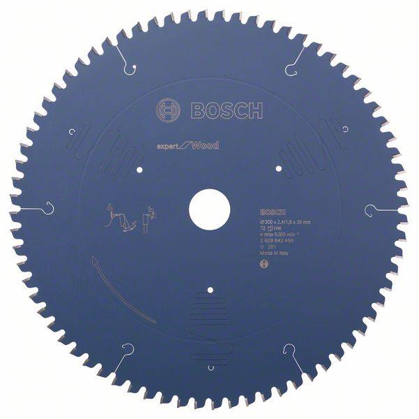 Bosch körfűrészlap fához, Expert for Wood modell, sok foggal és márkalogóval a közepén.