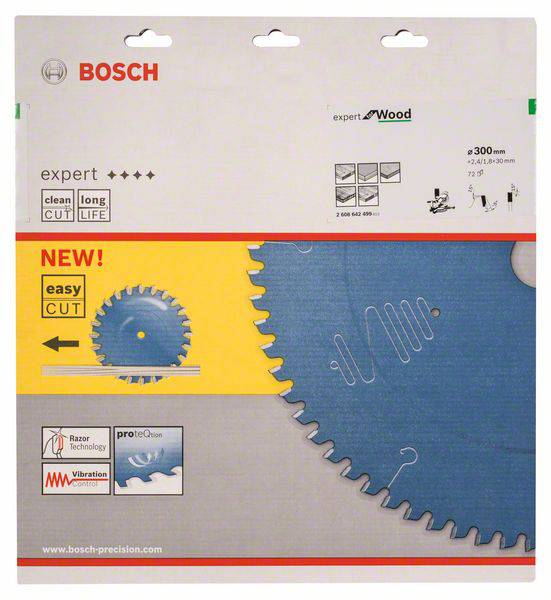 A Bosch Expert for Wood körfűrészlap csomagolása, amely hangsúlyozza a tartósságot és a precíz vágást. Termékképet és szimbólumokat mutat.
