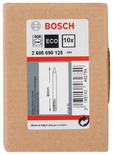 Bosch ECO 10x fúrófej kartondoboza, 400 mm hosszúság. Vonalkódot és gyártási adatokat tartalmaz.