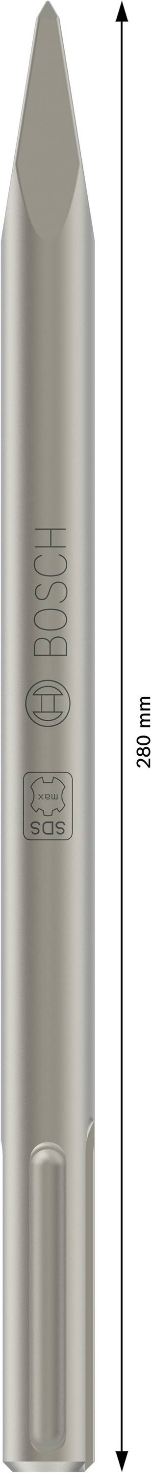 Hosszú, ezüstszínű fémfúró 290 mm-es jelölt hosszúsággal, betonmunkákhoz alkalmas. A fúróra 'Bosch' név van gravírozva.