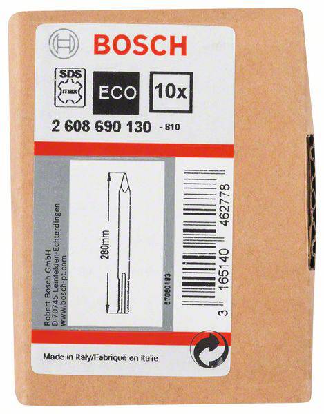 Bosch kartondoboza 'SDS ECO 10x' felirattal és termékkóddal. Egy 280 mm hosszúságú fúrófej látható rajta.