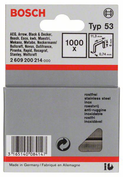 Tűzőkapocs, 53-as típus, 11,4 x 0,74 x 6 mm, rozsdamentes acél 1000 db Bosch 2609200214
