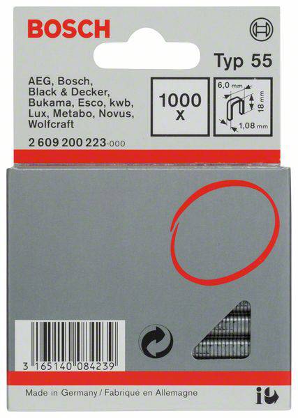 Keskenyhátú kapocs, 55-ös típus, 6 x 1,08 x 18 mm,os csomag 1000 db Bosch 2609200223