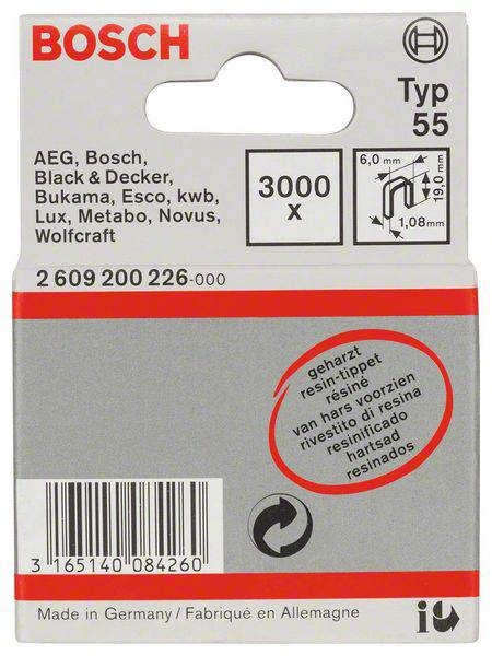 Keskenyhátú kapocs, 55-ös típus, gyantázott, 6 x 1,08 x 19 mm, 3000 darabos csomag 3000 db Bosch 2609200226