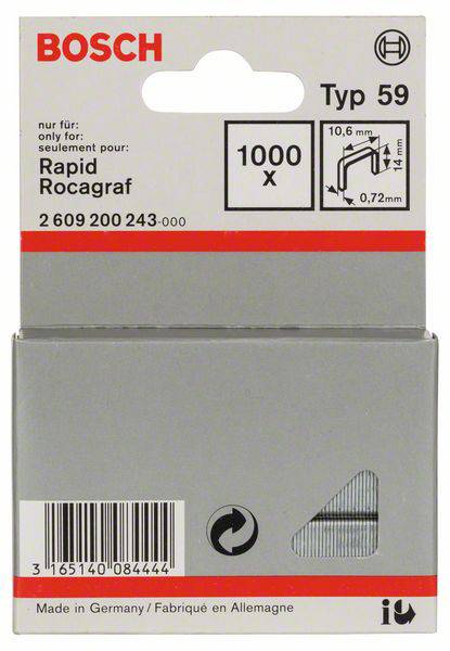 Tűzőkapocs, 59-as típus, 10,6 x 0,72 x 14 mm, 1000 db Bosch 2609200243