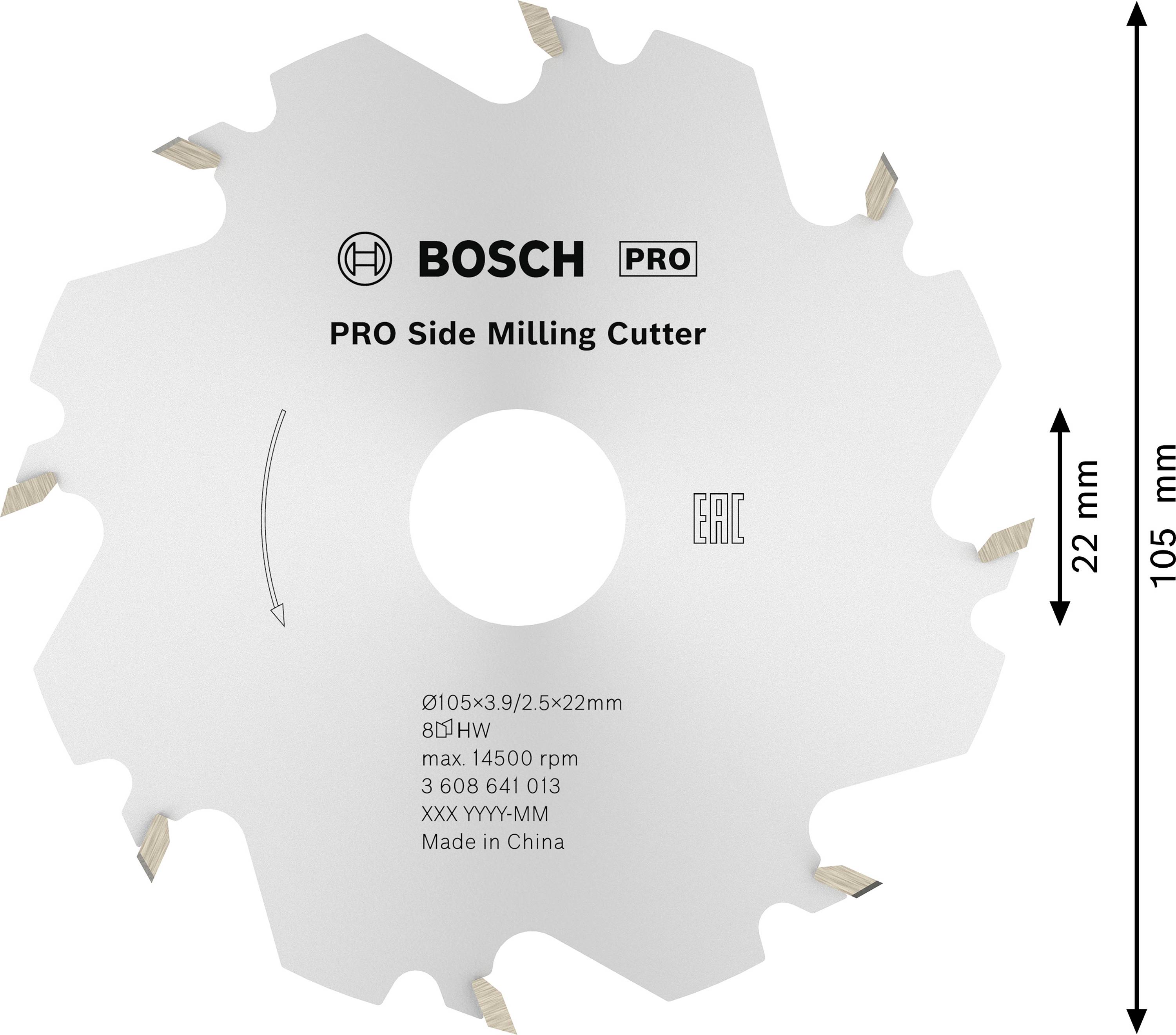 Bosch PRO marófej, 105 mm átmérő, 22 mm szélesség, oldalsó megmunkáláshoz. Kínában gyártva, max. 14500 ford/perc.