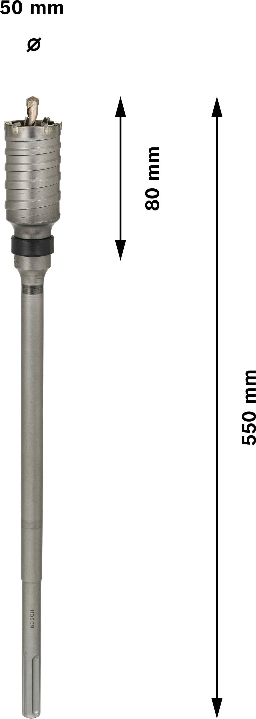 A kép egy fémhengert mutat, amelynek teljes átmérője 50 mm, hossza pedig 550 mm. Felül a hosszúság 80 mm.