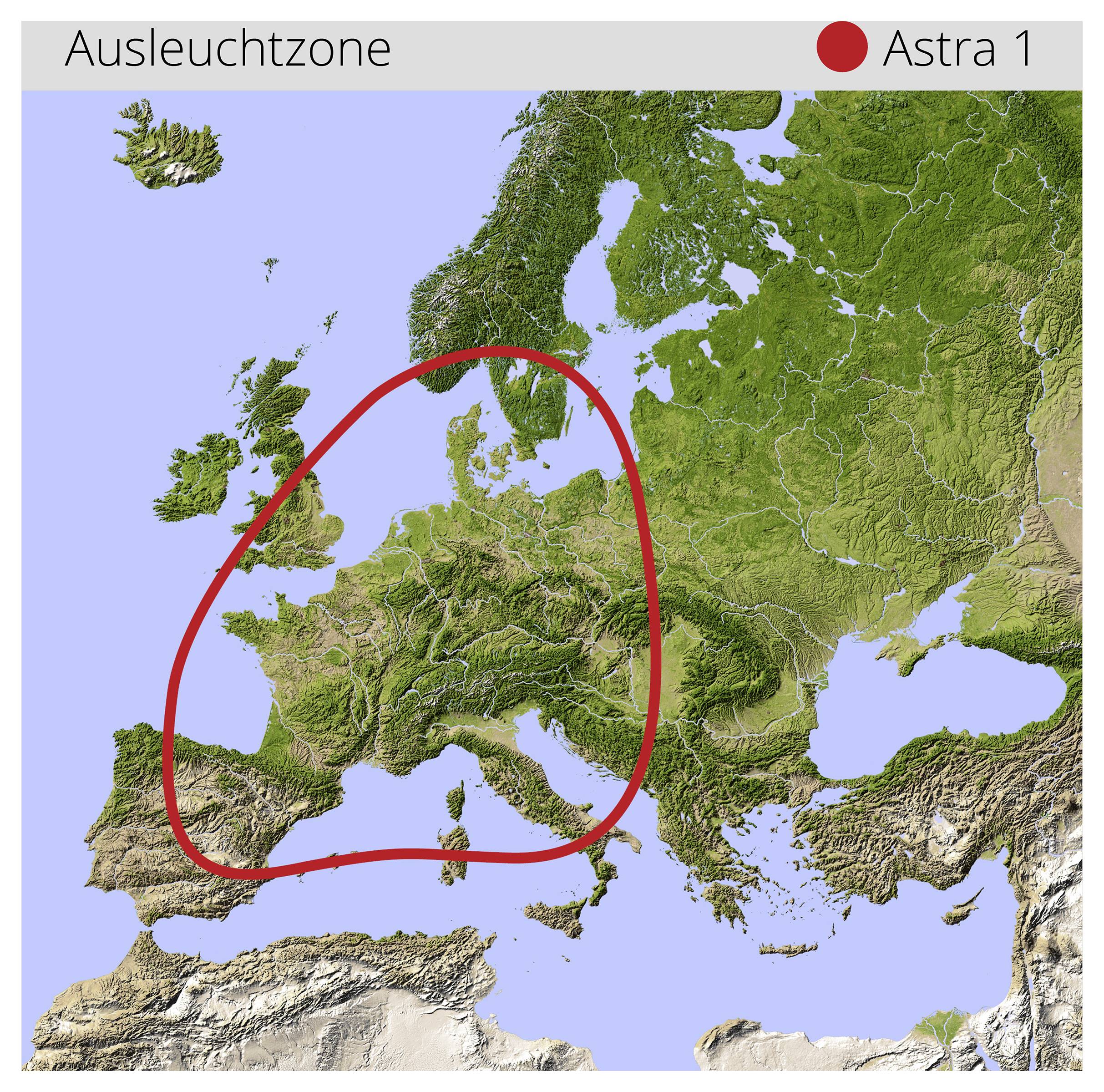 Európa térképe egy piros jelöléssel, amely az 'Astra 1' lefedettségi körzetét mutatja. A körzet Közép- és Nyugat-Európát foglalja magában.
