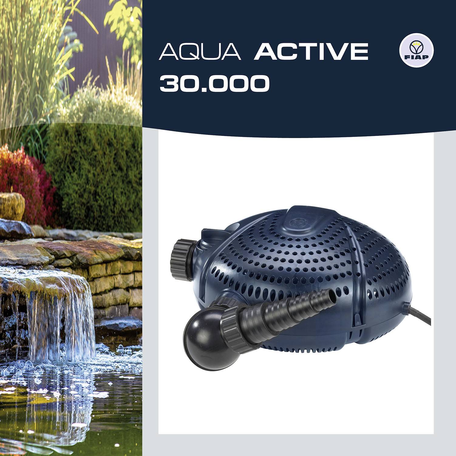 'A kép egy FIAP Aqua Active 30.000 típusú kerti tavi szivattyút mutat egy vízkertnél, amelyben egy sistergő vízesés és különböző növények láthatók.'