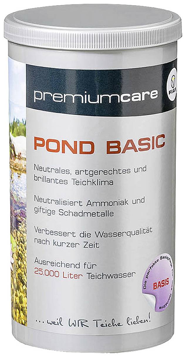 Egy henger alakú tartály a 'premium care Pond Basic' termékből, amely javítja a tóvizet, semlegesíti a szennyeződéseket, és 25.000 liter tóvízre elegendő.