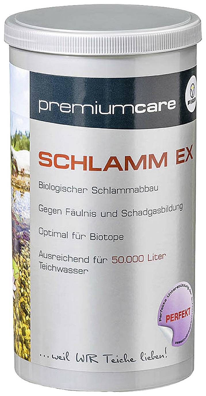 A 'Schlamm Ex' feliratú dózis, biológiai iszapcsökkentő szer tavakban, 50.000 liter vízhez elegendő.